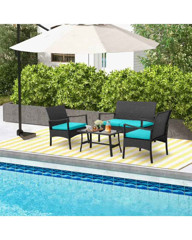 4 Pieces Rattan Conversation Set with Tempered Glass Coffee Table-Turquoise - Turquoise - Patio Conversation Sets