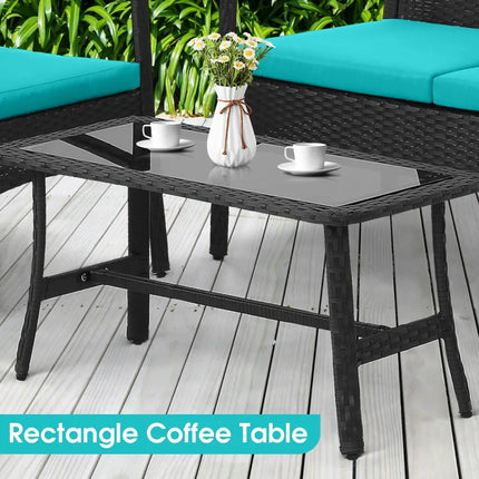 4 Pieces Rattan Conversation Set with Tempered Glass Coffee Table-Turquoise - Turquoise - Patio Conversation Sets