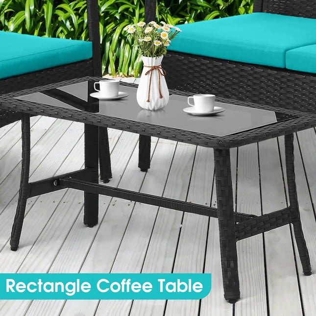 4 Pieces Rattan Conversation Set with Tempered Glass Coffee Table-Turquoise - Turquoise - Patio Conversation Sets