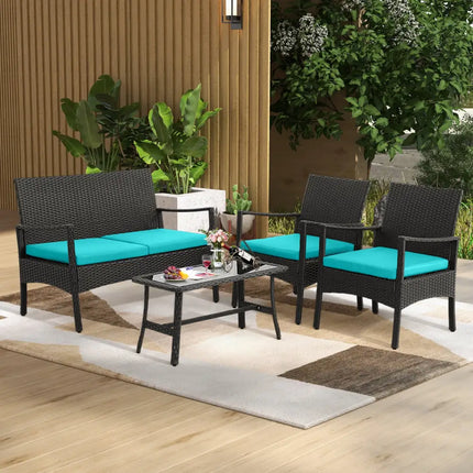 4 Pieces Rattan Conversation Set with Tempered Glass Coffee Table-Turquoise - Turquoise - Patio Conversation Sets