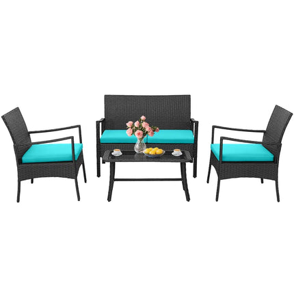 4 Pieces Rattan Conversation Set with Tempered Glass Coffee Table-Turquoise - Turquoise - Patio Conversation Sets