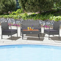 4 Pieces Rattan Patio Conversation Furniture Set with Acacia Wood Tabletop - Gray - Patio Conversation Sets