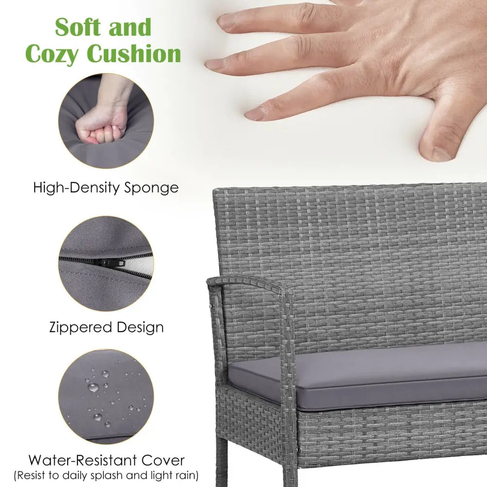 4 Pieces Rattan Patio Conversation Furniture Set with Acacia Wood Tabletop - Gray - Patio Conversation Sets