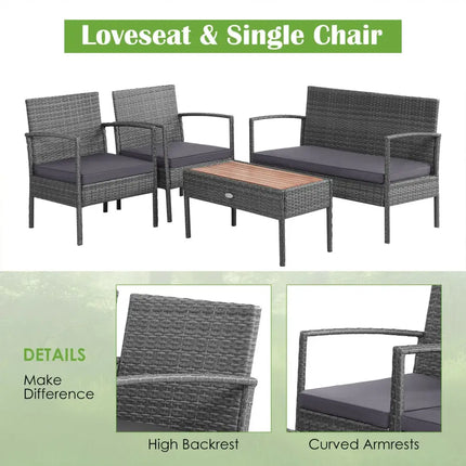 4 Pieces Rattan Patio Conversation Furniture Set with Acacia Wood Tabletop - Gray - Patio Conversation Sets