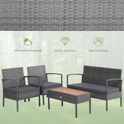 4 Pieces Rattan Patio Conversation Furniture Set with Acacia Wood Tabletop - Gray - Patio Conversation Sets