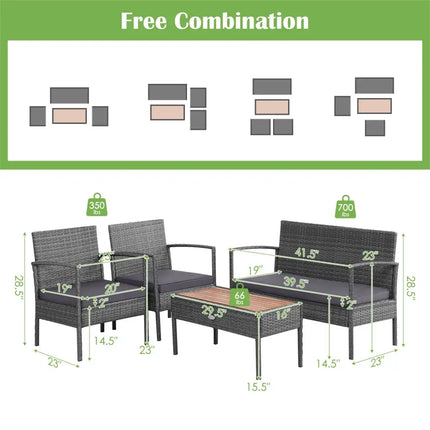 4 Pieces Rattan Patio Conversation Furniture Set with Acacia Wood Tabletop - Gray - Patio Conversation Sets