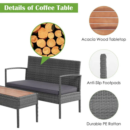 4 Pieces Rattan Patio Conversation Furniture Set with Acacia Wood Tabletop - Gray - Patio Conversation Sets