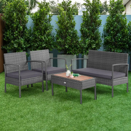4 Pieces Rattan Patio Conversation Furniture Set with Acacia Wood Tabletop - Gray - Patio Conversation Sets