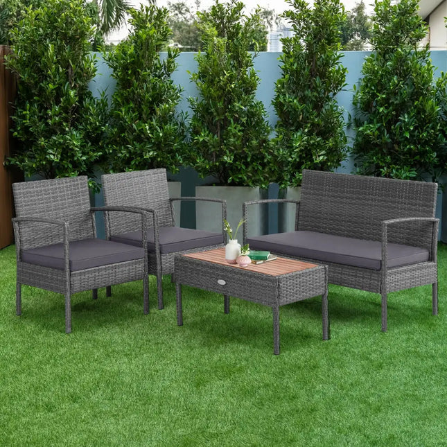 4 Pieces Rattan Patio Conversation Furniture Set with Acacia Wood Tabletop - Gray - Patio Conversation Sets