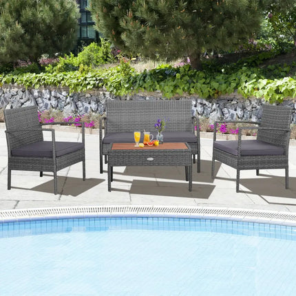 4 Pieces Rattan Patio Conversation Furniture Set with Acacia Wood Tabletop - Gray - Patio Conversation Sets