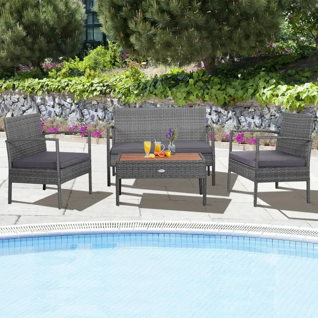 4 Pieces Rattan Patio Conversation Furniture Set with Acacia Wood Tabletop - Gray - Patio Conversation Sets