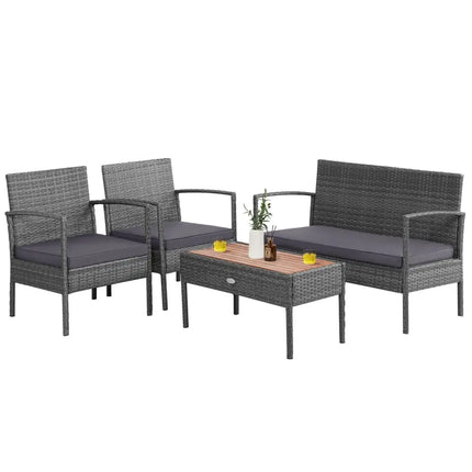 4 Pieces Rattan Patio Conversation Furniture Set with Acacia Wood Tabletop - Gray - Patio Conversation Sets