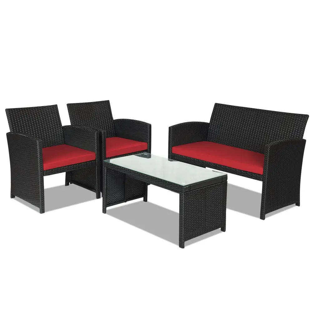 4 Pieces Rattan Patio Furniture Set with Weather Resistant Cushions and Tempered Glass Tabletop-Red - Red - Patio