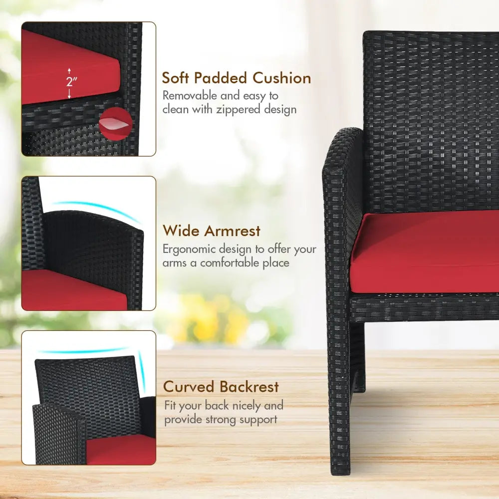 4 Pieces Rattan Patio Furniture Set with Weather Resistant Cushions and Tempered Glass Tabletop-Red - Red - Patio