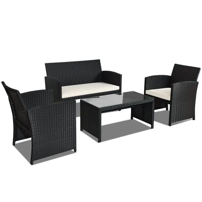 4 Pieces Rattan Patio Furniture Set with Weather Resistant Cushions and Tempered Glass TabletopWhite - Oasis Home Essentials