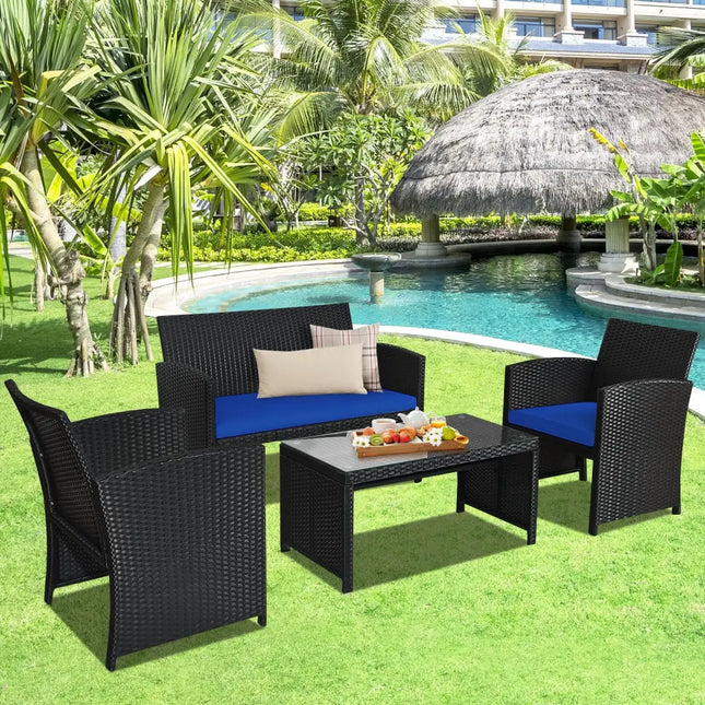 4 Pieces Rattan Patio Furniture Set with Weather Resistant Cushions and Tempered Glass Tabletop-Navy - Navy - Patio