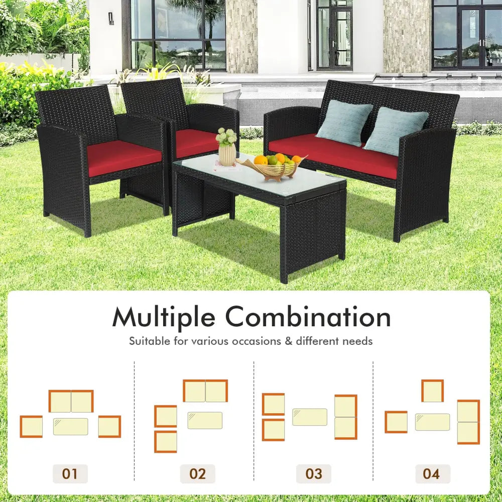 4 Pieces Rattan Patio Furniture Set with Weather Resistant Cushions and Tempered Glass Tabletop-Red - Red - Patio
