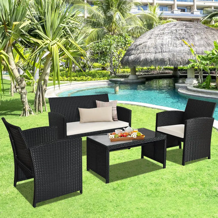 4 Pieces Rattan Patio Furniture Set with Weather Resistant Cushions and Tempered Glass Tabletop-White - White - Patio