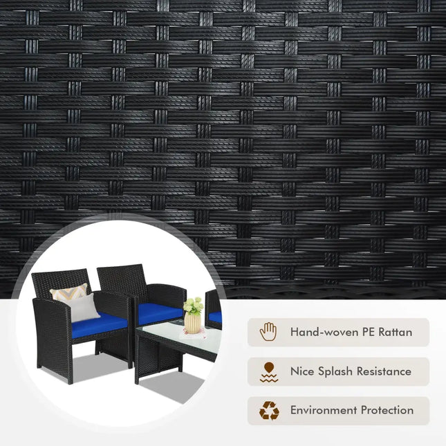 4 Pieces Rattan Patio Furniture Set with Weather Resistant Cushions and Tempered Glass Tabletop-Navy - Navy - Patio