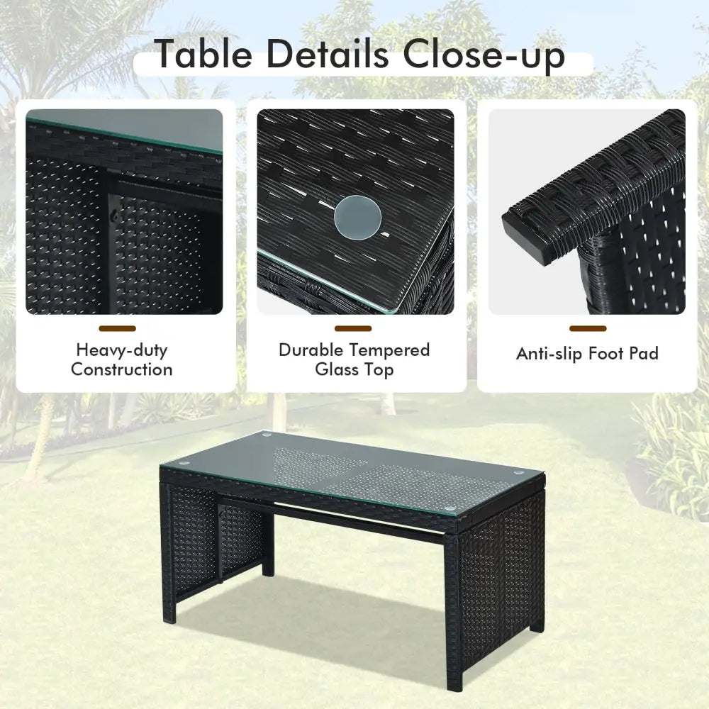 4 Pieces Rattan Patio Furniture Set with Weather Resistant Cushions and Tempered Glass Tabletop-Red - Red - Patio