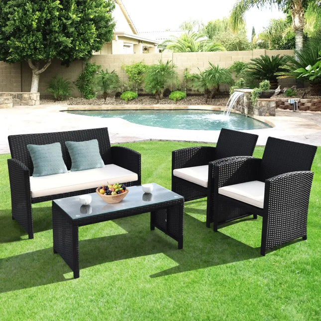 4 Pieces Rattan Patio Furniture Set with Weather Resistant Cushions and Tempered Glass Tabletop-White - White - Patio