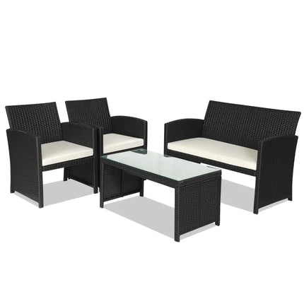 4 Pieces Rattan Patio Furniture Set with Weather Resistant Cushions and Tempered Glass Tabletop-White - White - Patio