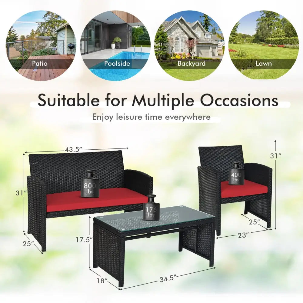 4 Pieces Rattan Patio Furniture Set with Weather Resistant Cushions and Tempered Glass Tabletop-Red - Red - Patio