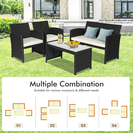 4 Pieces Rattan Patio Furniture Set with Weather Resistant Cushions and Tempered Glass Tabletop-White - White - Patio