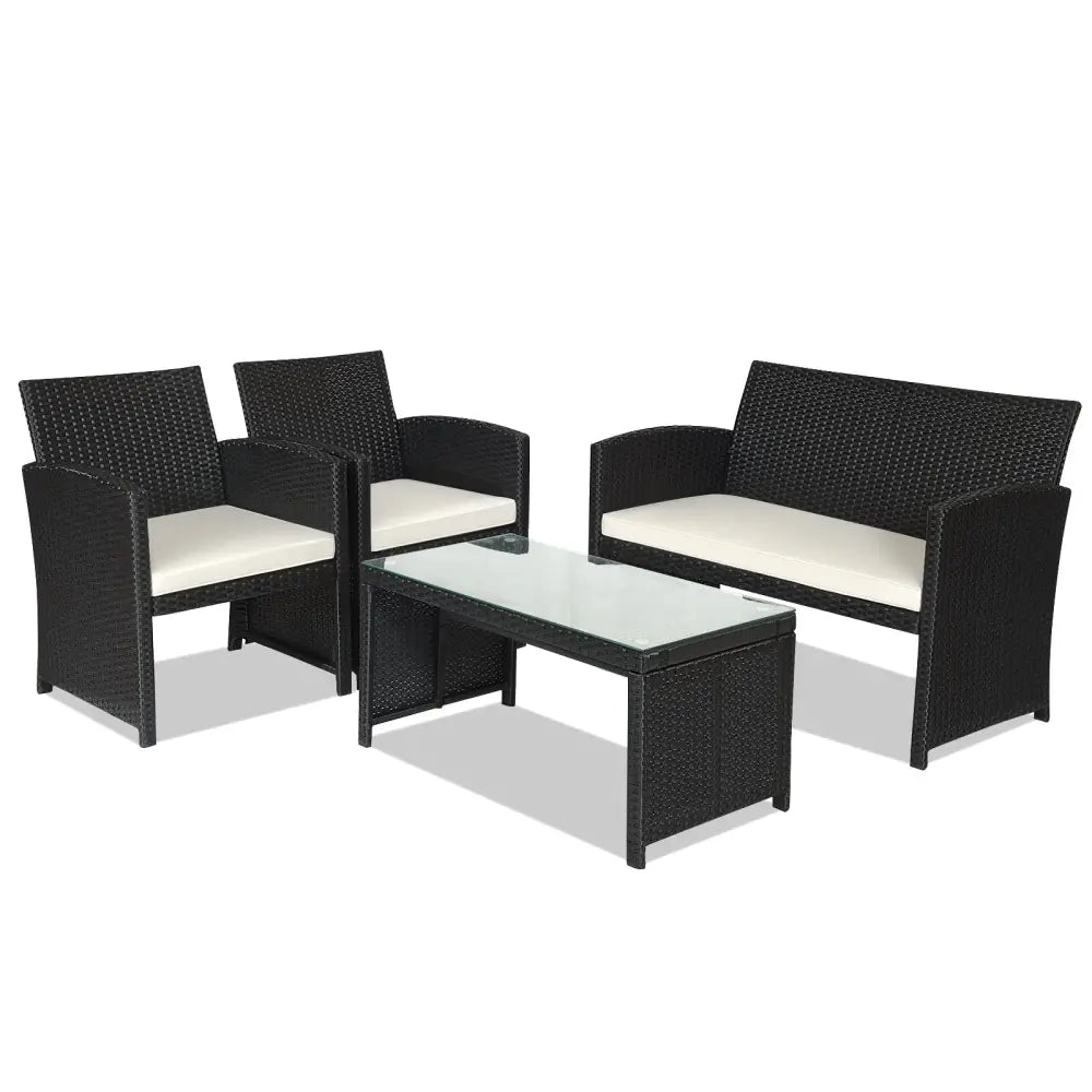 4 Pieces Rattan Patio Furniture Set with Weather Resistant Cushions and Tempered Glass Tabletop-White - White - Patio