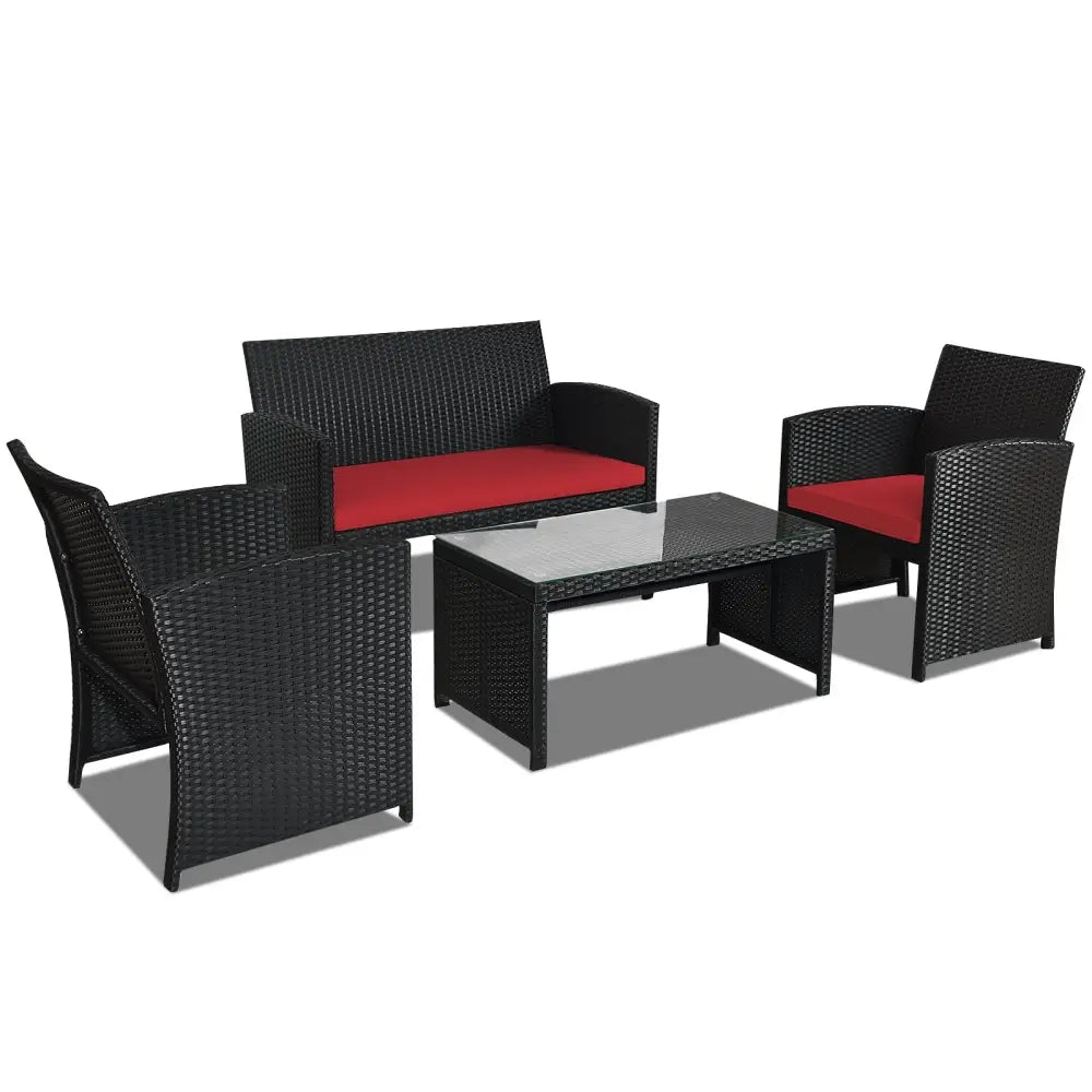 4 Pieces Rattan Patio Furniture Set with Weather Resistant Cushions and Tempered Glass Tabletop-Red - Red - Patio