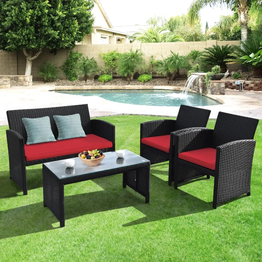 4 Pieces Rattan Patio Furniture Set with Weather Resistant Cushions and Tempered Glass Tabletop-Red - Red - Patio