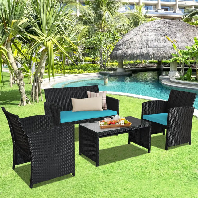 4 Pieces Rattan Patio Furniture Set with Weather Resistant Cushions and Tempered Glass Tabletop-Turquoise - Turquoise