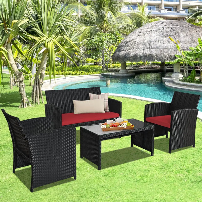 4 Pieces Rattan Patio Furniture Set with Weather Resistant Cushions and Tempered Glass Tabletop-Red - Red - Patio