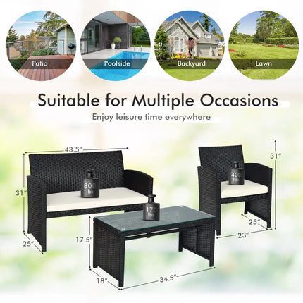 4 Pieces Rattan Patio Furniture Set with Weather Resistant Cushions and Tempered Glass Tabletop-White - White - Patio