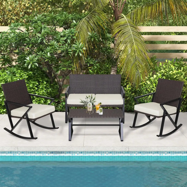 4 Pieces Rattan Patio Rocking Furniture Set with Loveseat and Coffee Table - Off White - Patio Conversation Sets