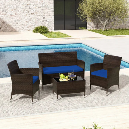 4 Pieces Rattan Sofa Set with Glass Table and Comfortable Wicker for Outdoor Patio-Navy - Navy - Patio Furniture Sets