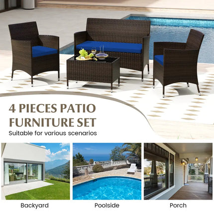 4 Pieces Rattan Sofa Set with Glass Table and Comfortable Wicker for Outdoor Patio-Navy - Navy - Patio Furniture Sets