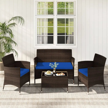 4 Pieces Rattan Sofa Set with Glass Table and Comfortable Wicker for Outdoor Patio-Navy - Navy - Patio Furniture Sets