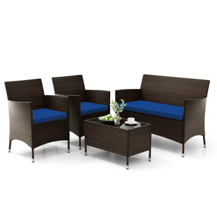 4 Pieces Rattan Sofa Set with Glass Table and Comfortable Wicker for Outdoor Patio-Navy - Navy - Patio Furniture Sets