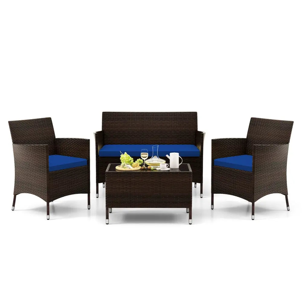 4 Pieces Rattan Sofa Set with Glass Table and Comfortable Wicker for Outdoor Patio-Navy - Navy - Patio Furniture Sets