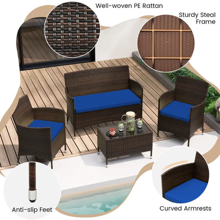 4 Pieces Rattan Sofa Set with Glass Table and Comfortable Wicker for Outdoor Patio-Navy - Navy - Patio Furniture Sets