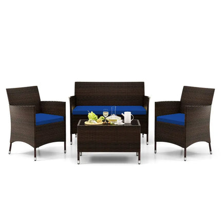 4 Pieces Rattan Sofa Set with Glass Table and Comfortable Wicker for Outdoor Patio-Navy - Navy - Patio Furniture Sets