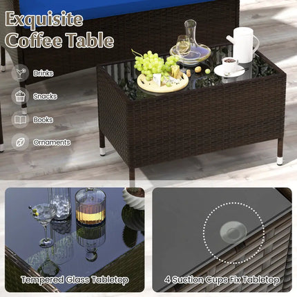 4 Pieces Rattan Sofa Set with Glass Table and Comfortable Wicker for Outdoor Patio-Navy - Navy - Patio Furniture Sets