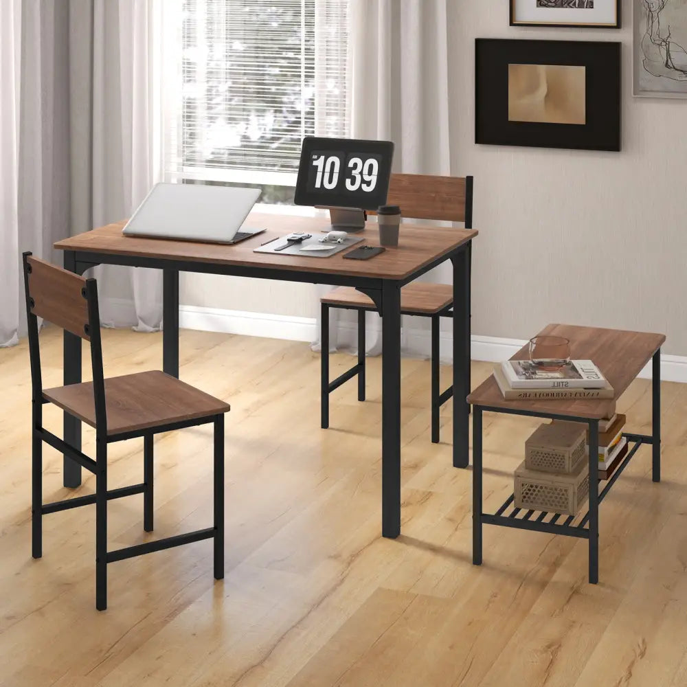 4 Pieces Rustic Dining Table Set with 2 Chairs and Bench-Brown - Brown - Dining Room Sets