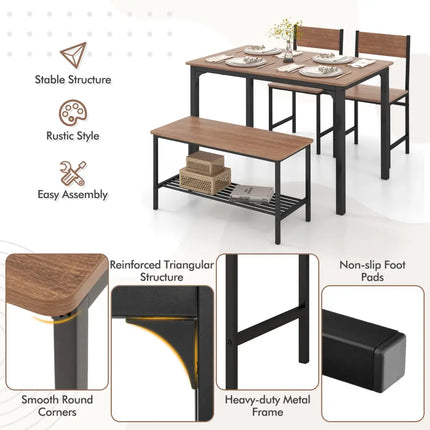 4 Pieces Rustic Dining Table Set with 2 Chairs and Bench-Brown Costway