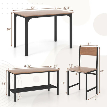 4 Pieces Rustic Dining Table Set with 2 Chairs and Bench-Brown Costway