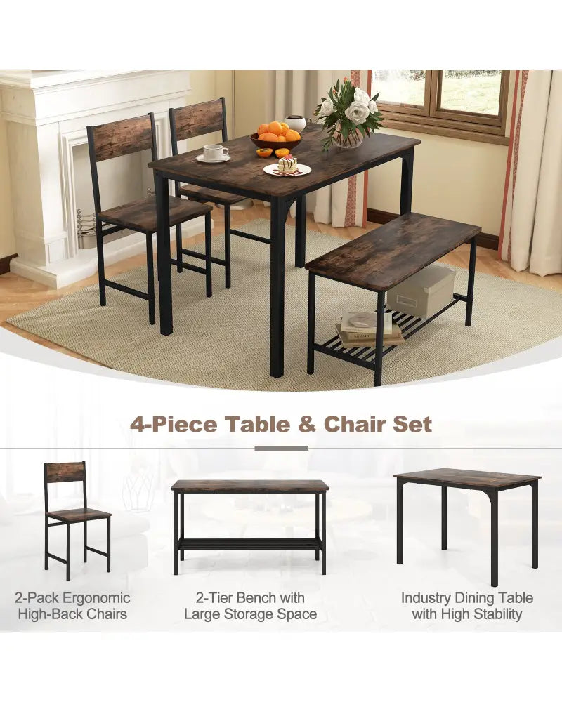 4 Pieces Rustic Dining Table Set with 2 Chairs and Bench-Rustic Brown - Rustic Brown - Dining Room Sets