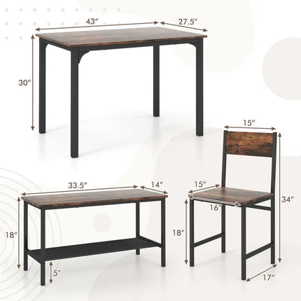 4 Pieces Rustic Dining Table Set with 2 Chairs and Bench-Rustic Brown Costway