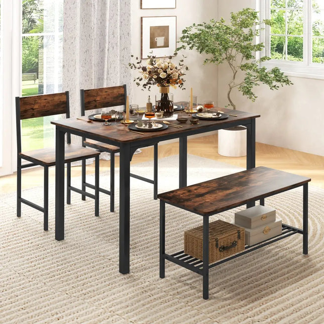 4 Pieces Rustic Dining Table Set with 2 Chairs and Bench-Rustic Brown Costway