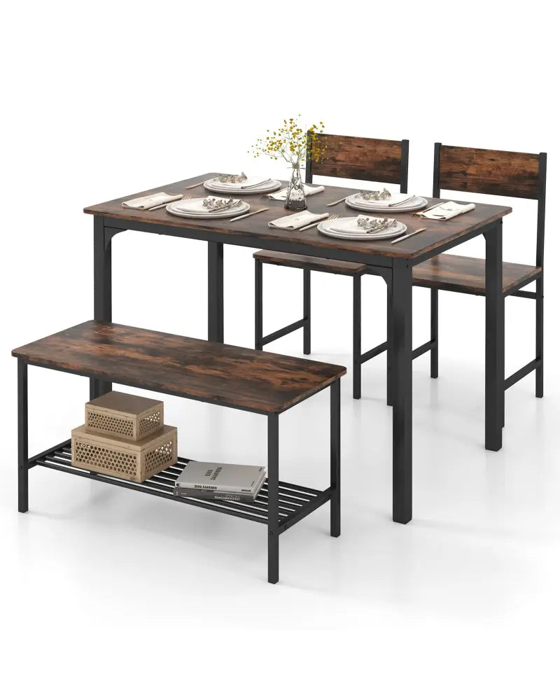 4 Pieces Rustic Dining Table Set with 2 Chairs and Bench-Rustic Brown - Rustic Brown - Dining Room Sets
